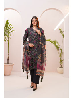 THE COTTON LAWN SHOP - Black Printed Unstitched Dress Material with Embroidered Sleeves (Set of 3)