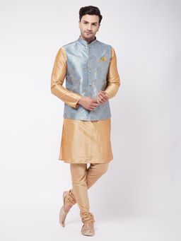 Vastramay - Men's Grey And Rose Gold Silk Blend Jacket, Kurta And Pyjama Set (Set of 3)