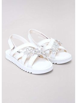 Hopscotch - Floral Applique Stone Studded White Sandals