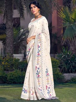 Akhilam - Womens Pure Linen Off White Printed Designer Saree with Unstitched Blouse