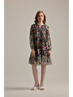 THE SAMOA - Black Abstract Print Balloon Sleeves Dress
