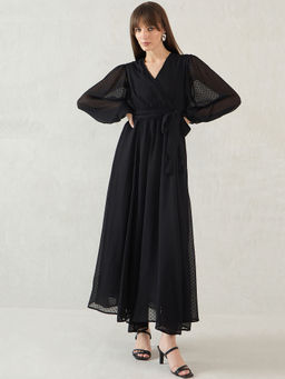 Femmella - Black Chiffon Dobby Wrap Maxi Dress with Belt (Set of 2)