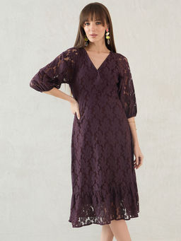 Femmella - Wine Lace Fixed Wrap Midi Dress