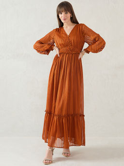 Femmella - Rust Lurex Tiered Maxi Dress