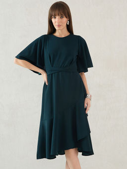 Femmella - Forest Green Asymmetric Midi Dress with Belt (Set of 2)