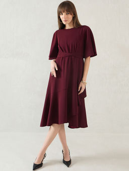 Femmella - Wine Asymmetric Midi Dress with Belt (Set of 2)