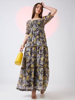 Globus - Women Yellow Square Neck Puff Sleeves Ethnic Print Fit and Flare Maxi Dress