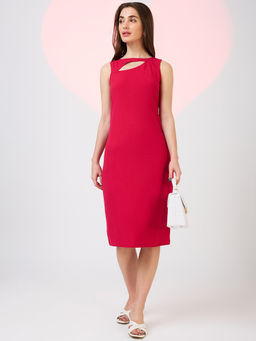 Globus - Women Pink Cut Out Detail Boat Neck Solid Back Slit Midi Sheath Party Dress