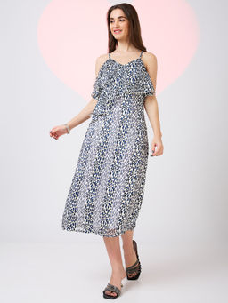 Globus - Women White V-Neck Strappy Shoulder Animal Print Midi A-Line Party Dress