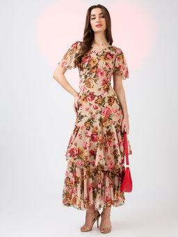 Globus - Women Beige V-Neck Flared Sleeves Floral Print Fit and Flare Maxi Party Dress