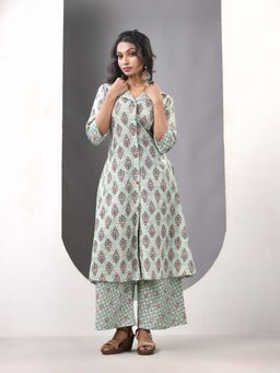 CHARUKRITI - Mint Green Cotton Printed A-Line Kurta & Palazzo (Set of 2)