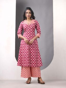 CHARUKRITI - Dark Red Cotton Printed A-Line Kurta & Palazzo (Set of 2)