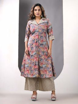 CHARUKRITI - Grey Modal Printed A-Line Kurta & Palazzo (Set of 2)