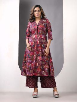 CHARUKRITI - Magenta Modal Printed A-Line Kurta & Palazzo (Set of 2)