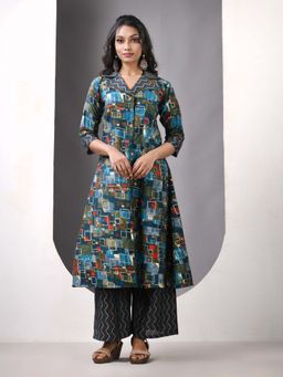 CHARUKRITI - Teal Modal Printed A-Line Kurta & Palazzo (Set of 2)
