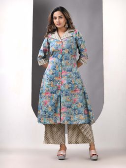 CHARUKRITI - Sky Blue Modal Printed A-Line Kurta & Palazzo (Set of 2)