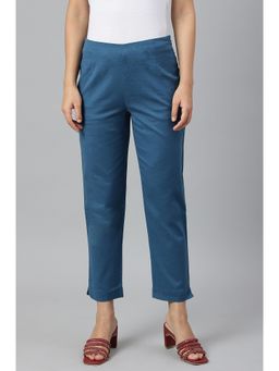 W - Teal Blue Cotton Blend Slim Pants
