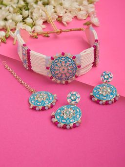 Zaveri Pearls - Turquoise Blue Pink Multistrand Enamel Necklace Earring Maangtikka Set-ZPFK14721