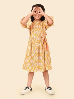 Fabindia - Orange Cotton Hand Block Printed Dress with Belt (Set of 2)