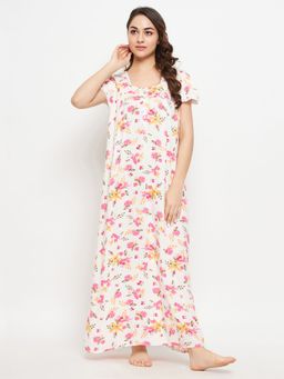 Clovia - Pretty Florals Long Nighty In White - Rayon