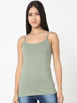 R&B - Women Green Solid Non Padded Round Neck Cotton Camisole