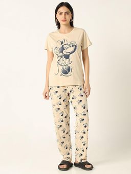 R&B - Women Beige Cotton Short Sleeves Round Neck T-Shirt with Pyjamas