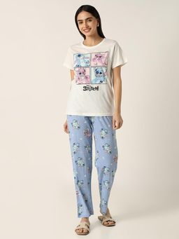 R&B - Women Blue Cotton Short Sleeves Round Neck T-Shirt with Pyjamas