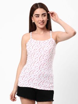 R&B - Women White Floral Print Non Padded Round Neck Cotton Lycra Camisole