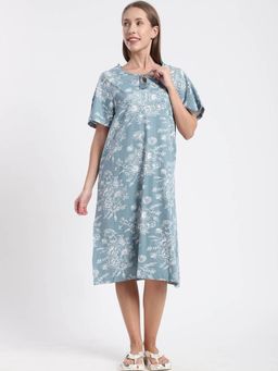 R&B - Blue Women Floral Half Sleeves Nightdress