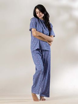 PIU - Women Bow Print Cotton Nightsuit Set - Blue