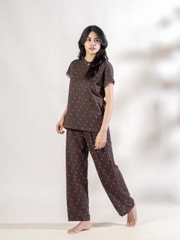 PIU - Women Heart Print Cotton Nightsuit Set - Brown