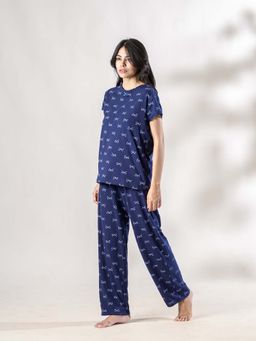 PIU - Women Bow Print Cotton Nightsuit Set - Blue
