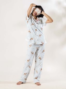 PIU - Women Deer Printed Cotton Pajama Set - White