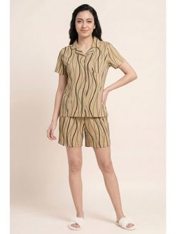 Zivame - Wavy Stripes Knit Cotton Short Set- Beige