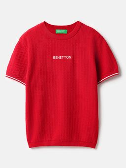 United Colors of Benetton - Red Regular Fit Round Neck Textured T-Shirt