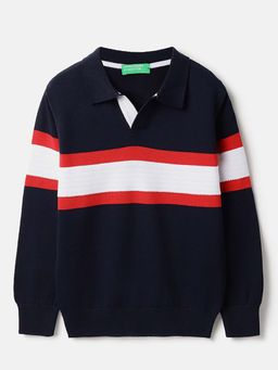 United Colors of Benetton - Navy Blue Collar Neck Regular Fit Textured Polo T-Shirt