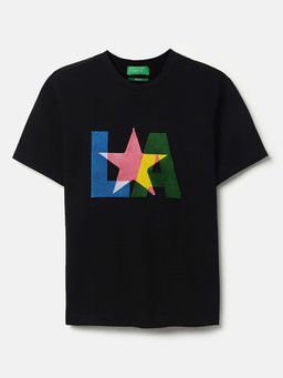 United Colors of Benetton - Black Relaxed Fit Round Neck Embossed T-Shirt