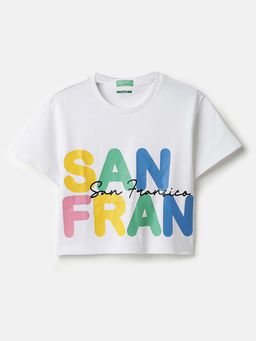 United Colors of Benetton - White Cropped Round Neck Typography Print T-Shirt