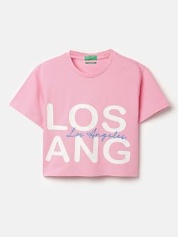 United Colors of Benetton - Pink Cropped Round Neck Typography Print T-Shirt