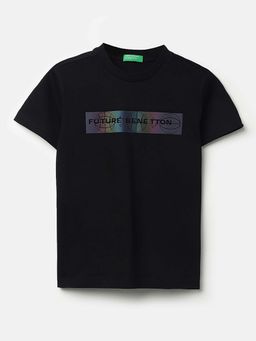 United Colors of Benetton - Black Regular Fit Round Neck Holographic Print T-Shirt