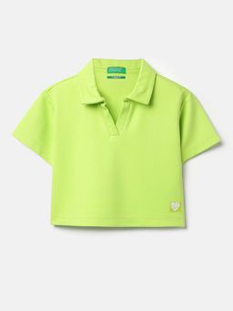 United Colors of Benetton - Green Cropped Johny Collar Solid T-Shirt