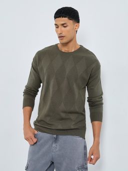 Styli - Mens Self Intarsia Self Design Relaxed Sweater