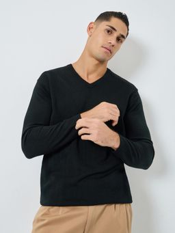 Styli - Mens Black Regular Fit Solid V-Neck Sweater