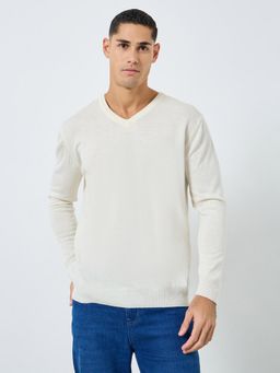 Styli - Mens Off White Regular Fit Solid V-Neck Sweater