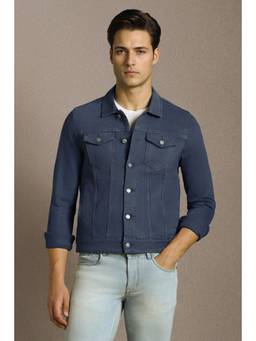 Louis Philippe - Mens Casual Navy Blue Solid Denim Jacket