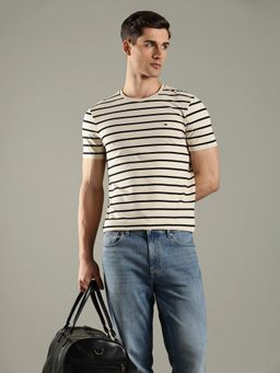 Tommy Hilfiger - Beige Stripes Slim Fit Cotton T-Shirt