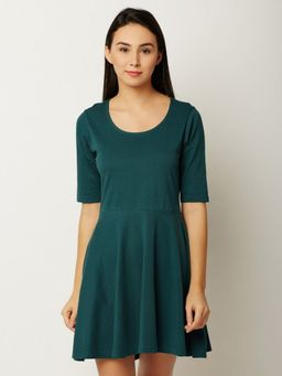 Miss Chase - Green Round Neck Half Sleeve Solid Mini Skater Dress
