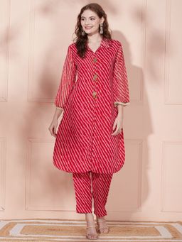 FASHOR - Leheriya Printed Kurta with Pant - Red (Set of 2)