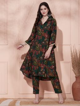 FASHOR - Floral Foil Printed Kurta with Pant - Green (Set of 2)
