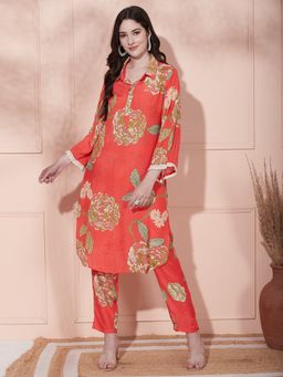 FASHOR - Floral Printed Kurta with Pant - Orange (Set of 2)